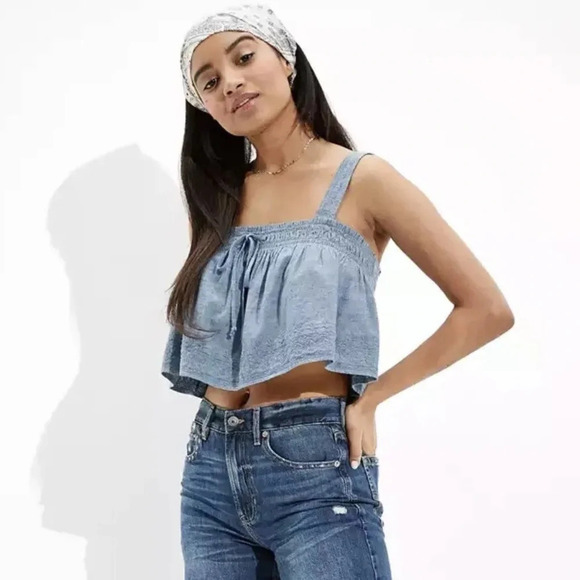 NWT American Eagle size Large Chambray Swing Tank Top Embroidered Western Blue L - Picture 3 of 8